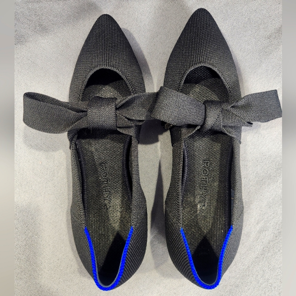 Rothy's The Mary Jane Bow Tie Slip On Knit Stretch Flats Shoes Black Pointed Toe